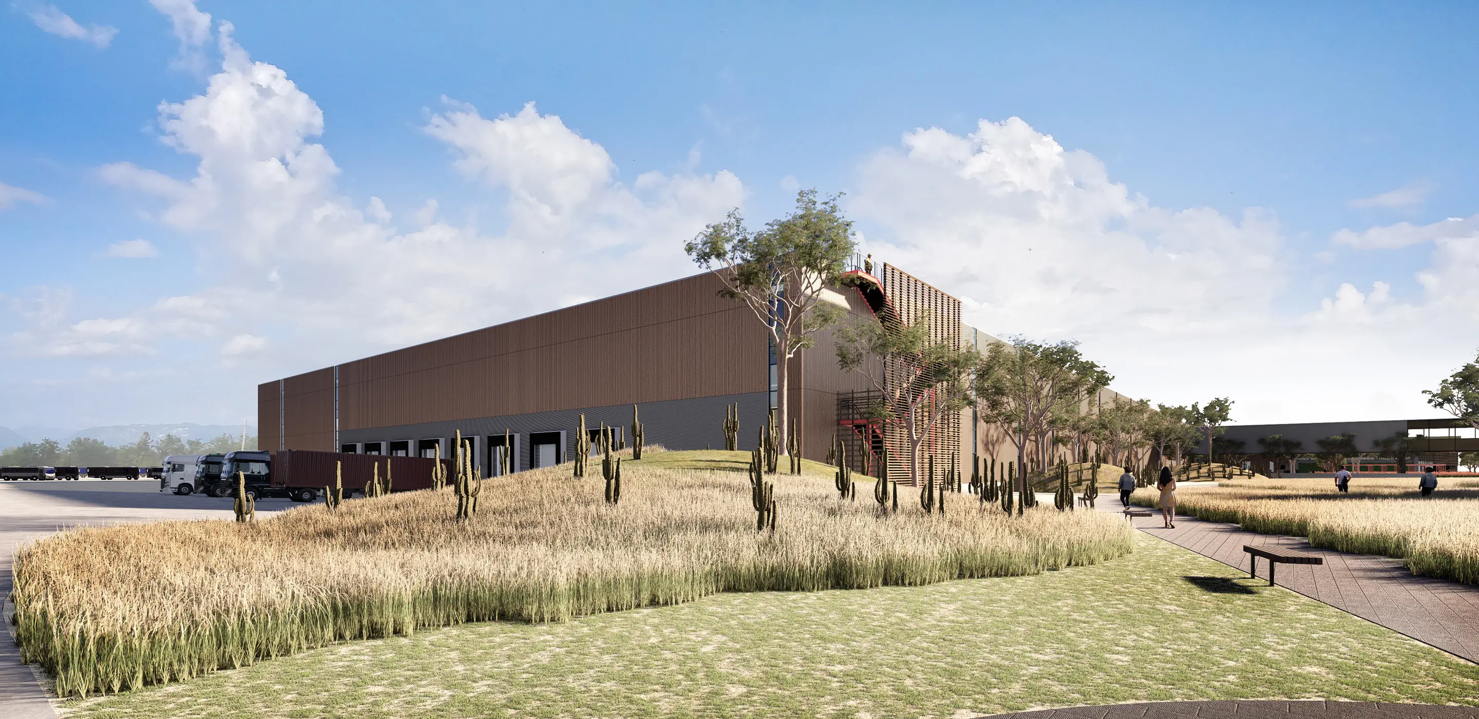 Brown building with grass in front