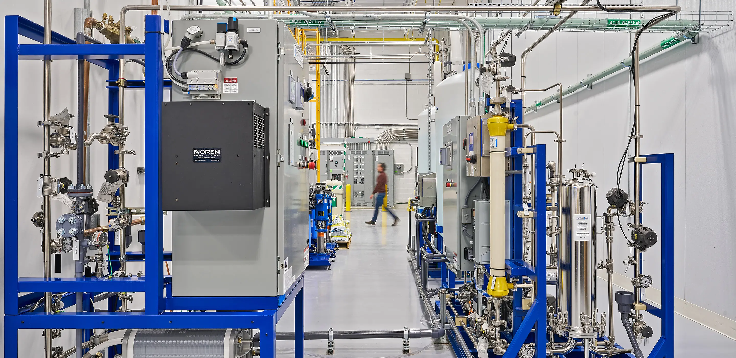 white lab with blue pipes