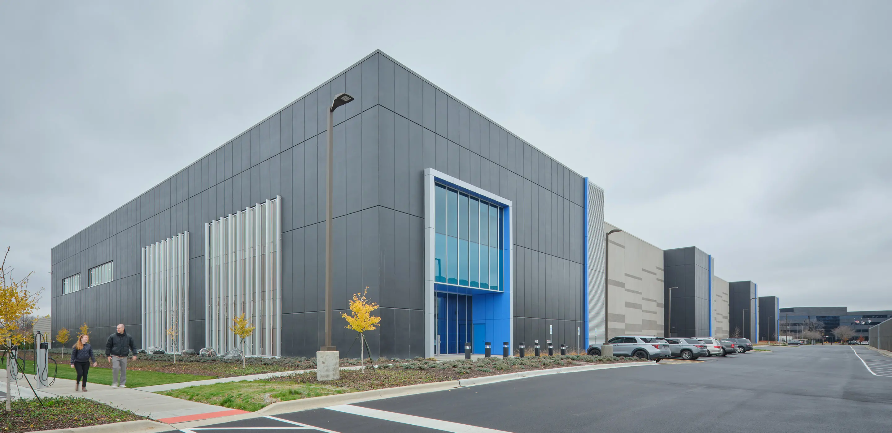 data exterior shot from a right-angle showing entrance and parking lot
