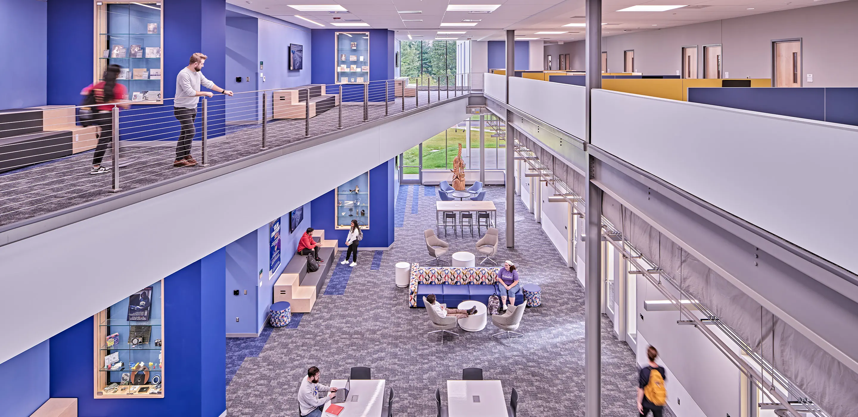 large interior lobby with blue wall