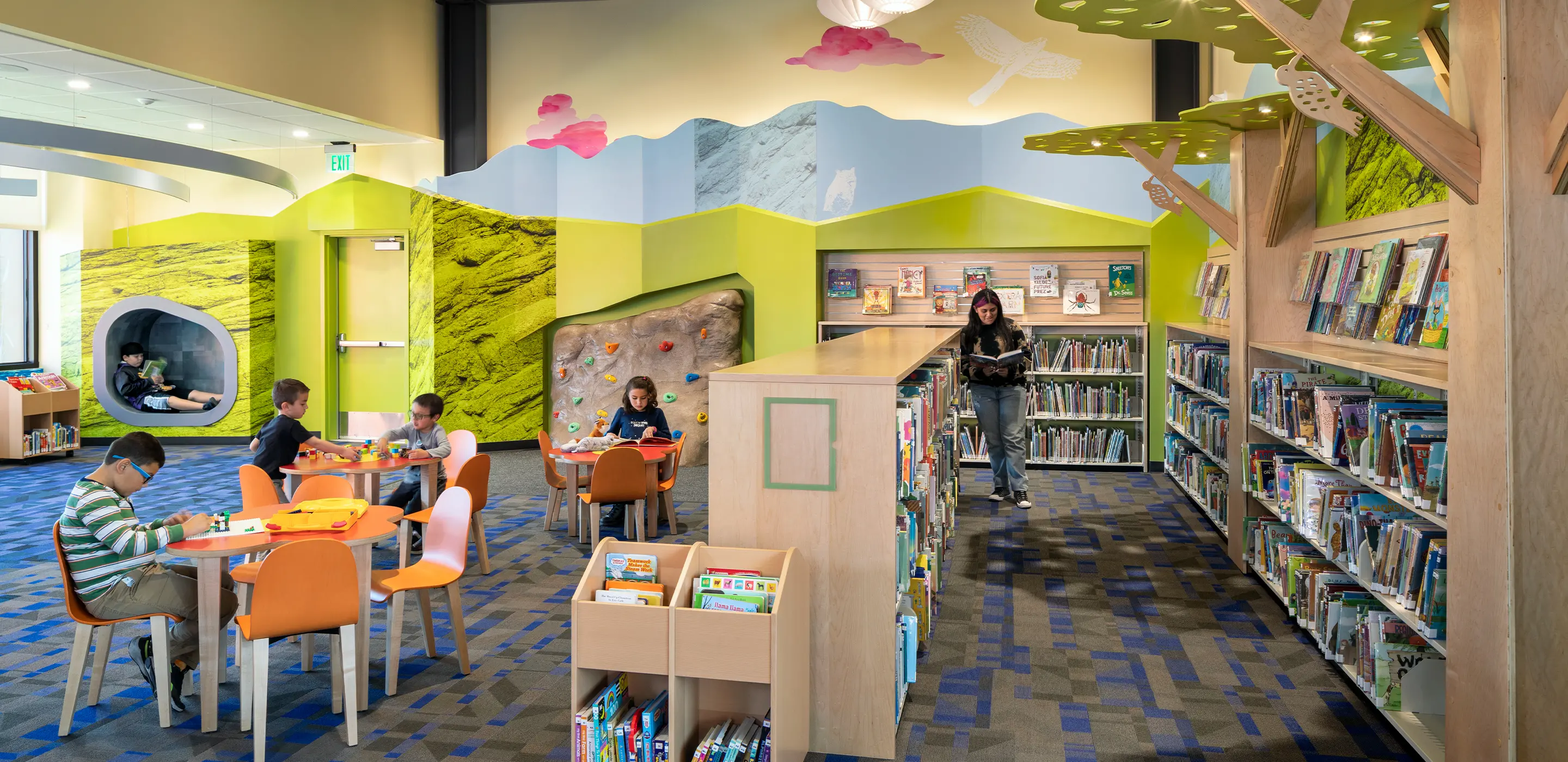 Interior to library with kids