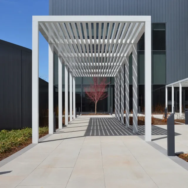 Modern walkway with white trellis casting shadows and a tree at the end, outside a contemporary building.