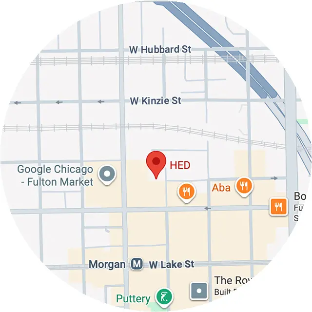 Map showing HED location in Chicago's Fulton Market area near W Kinzie St and W Lake St.