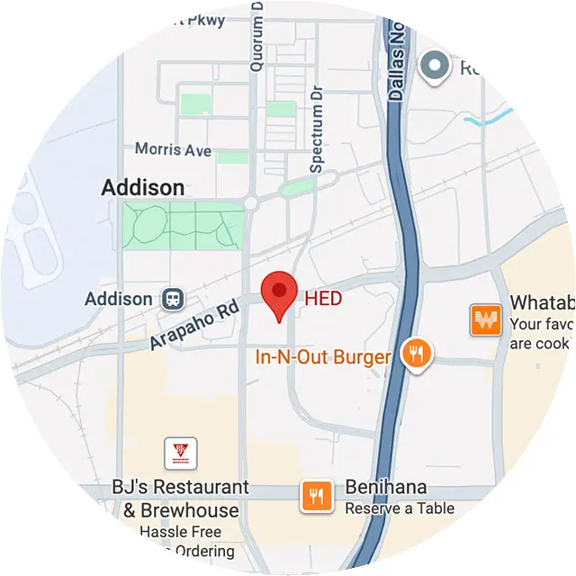 Map showing location of HED in Addison, Texas near In-N-Out Burger and BJ's Restaurant on Arapaho Rd.