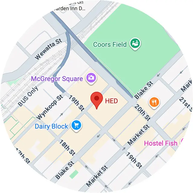 Map showing location of HED near Coors Field, McGregor Square, Dairy Block, and Hostel Fish in downtown Denver.