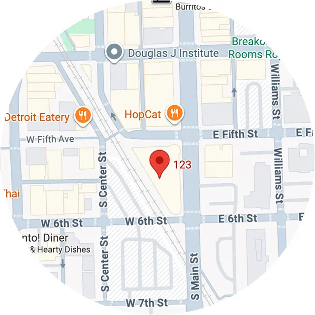 Map showing location near S Center St and W 6th St with nearby eateries in downtown area.