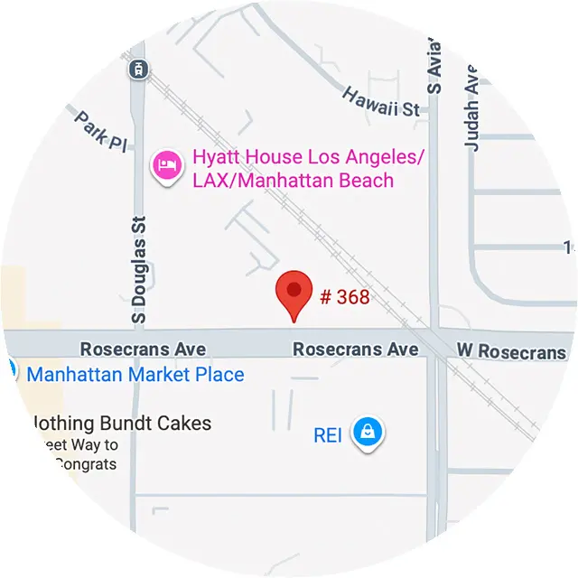 Map pinpointing #368 near Rosecrans Ave, Manhattan Beach, highlighting nearby locations like Hyatt House and REI.