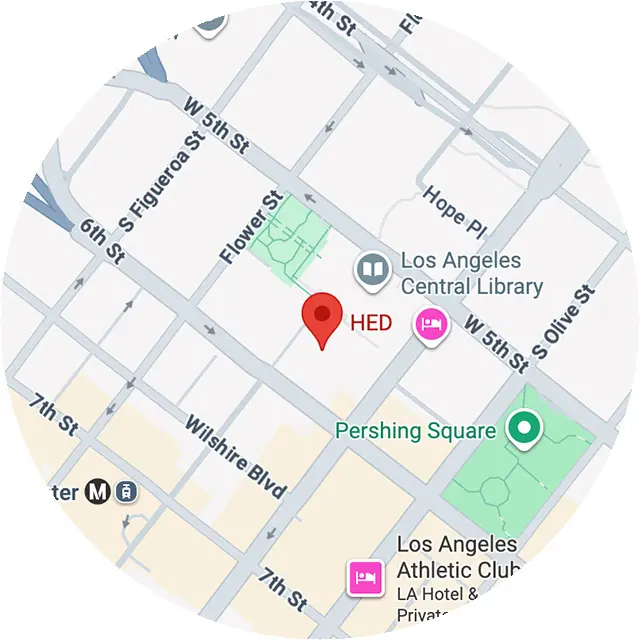 Map showing location of HED near Los Angeles Central Library and Pershing Square.