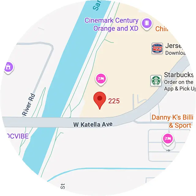 Map showing location near W Katella Ave with nearby landmarks like Starbucks and Cinemark Century.