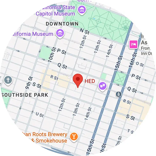 Map showing HED location near 14th St and Q St in downtown area, with nearby landmarks highlighted.