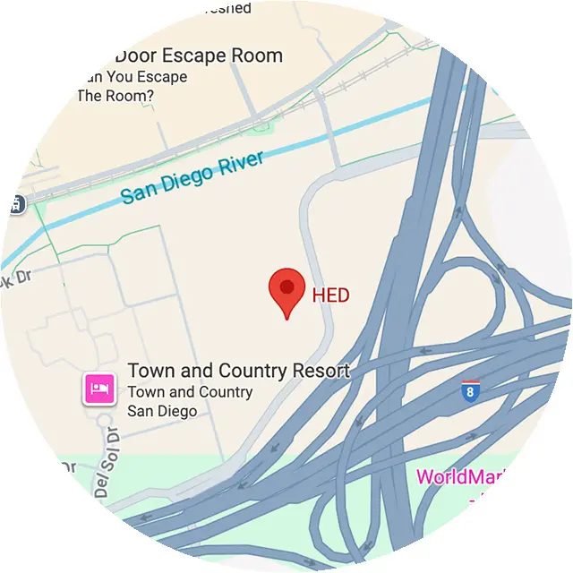Map showing the location of HED near San Diego River and Town and Country Resort.