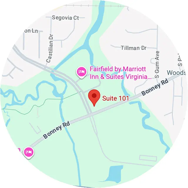 Map showing Suite 101 location near Bonney Rd, Virginia Beach, with nearby landmarks.