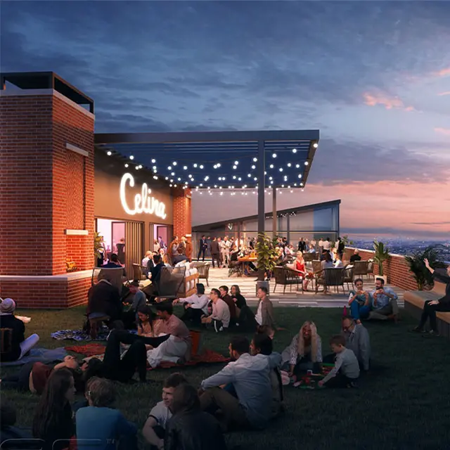Rooftop evening gathering with people socializing under string lights and sunset sky next to Celina sign.