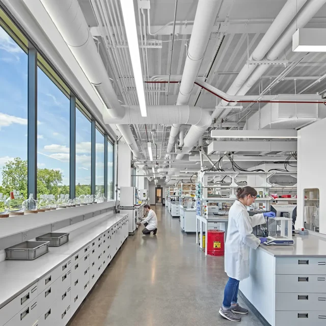 Modern laboratory with scientists working on experiments, featuring bright windows, lab equipment, and organized workspaces.