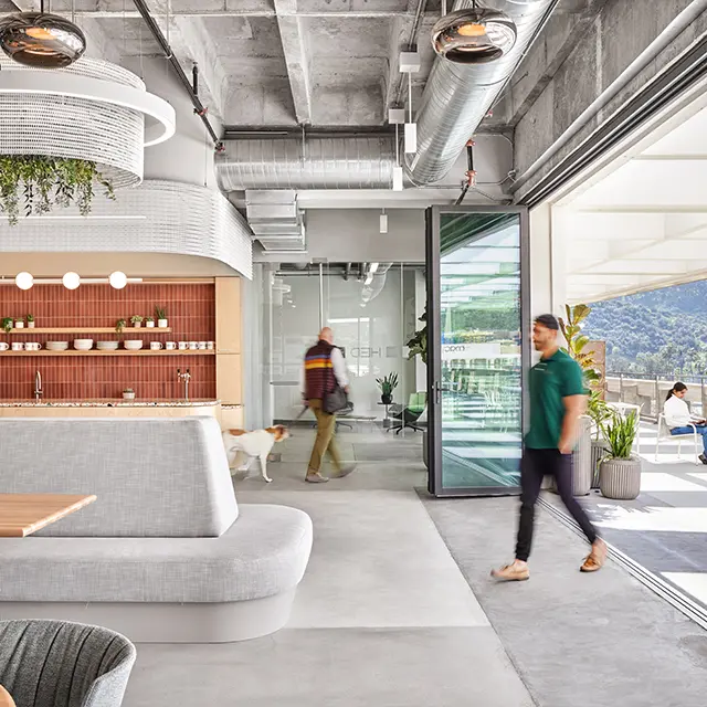 Modern open office kitchen with indoor plants and natural light, featuring people walking and a dog.