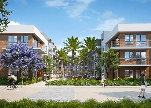 Modern apartment complex with palm trees, lush greenery, people biking and walking under a clear blue sky.