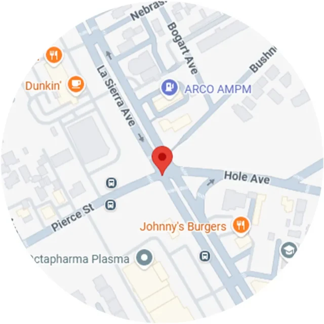 Map showing intersection of La Sierra Ave and Pierce St with nearby restaurants and businesses, marked by a red pin.