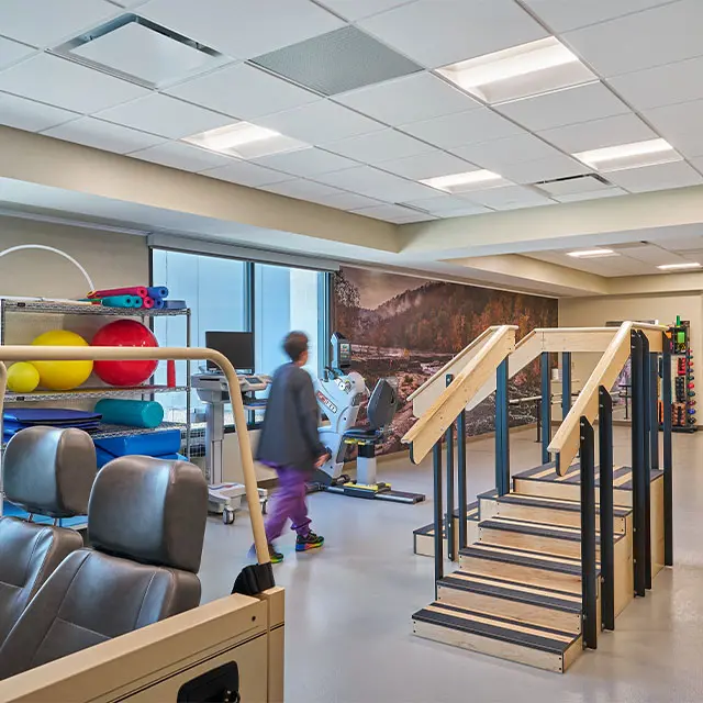 Rehabilitation gym with therapy equipment, exercise stairs, and colorful exercise balls, featuring a scenic wall mural.