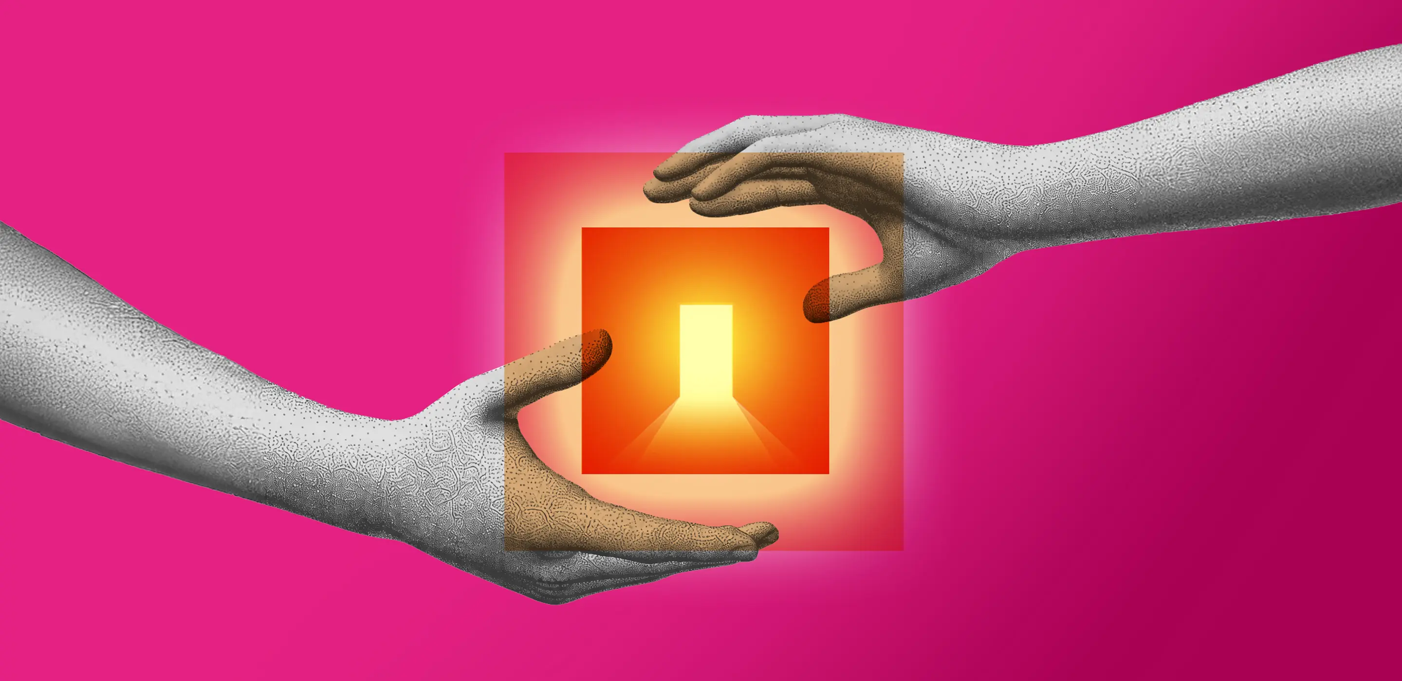 Abstract hands holding a glowing, orange square on a vibrant pink background.
