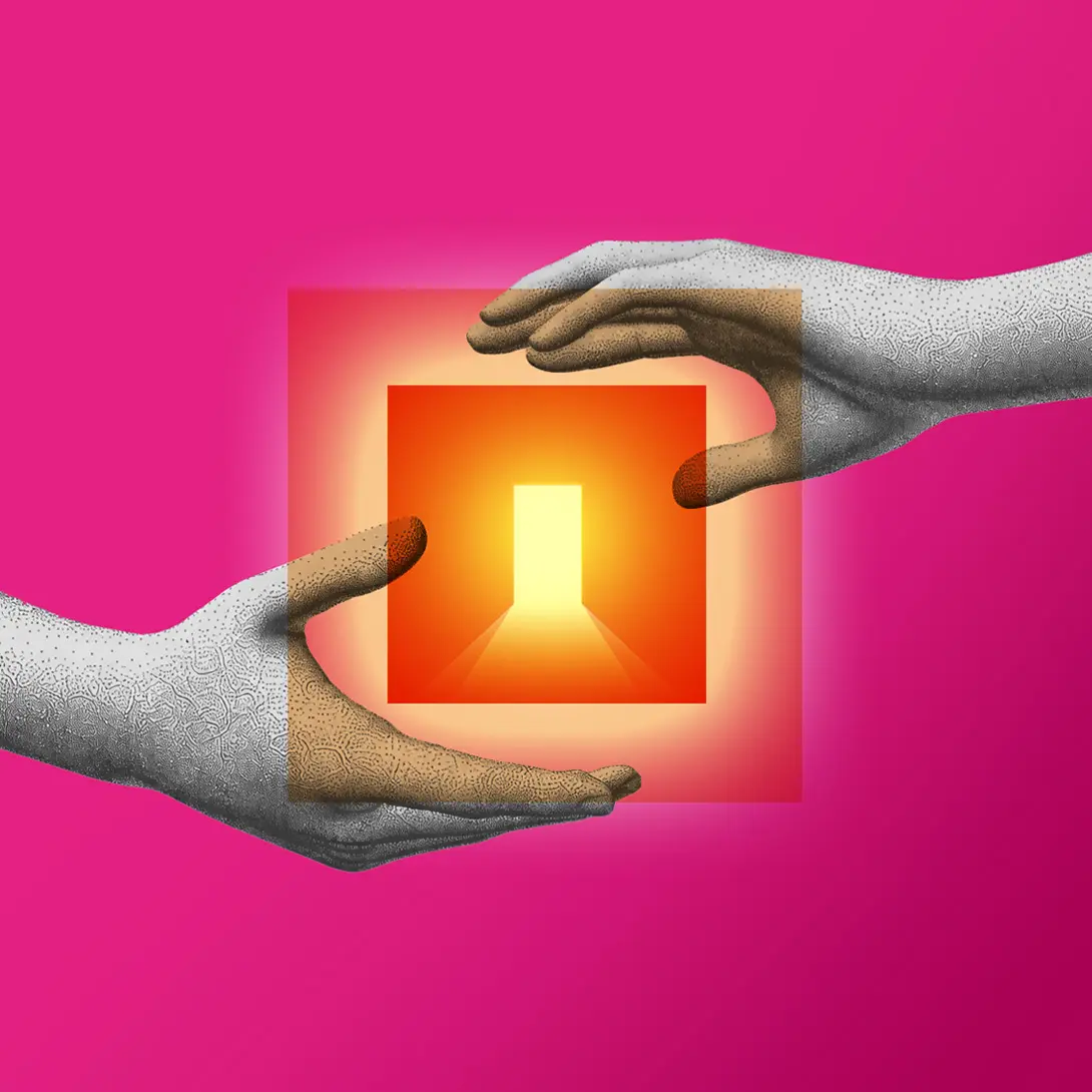 Surreal collage of hands reaching towards a glowing orange doorway on a vibrant pink background.
