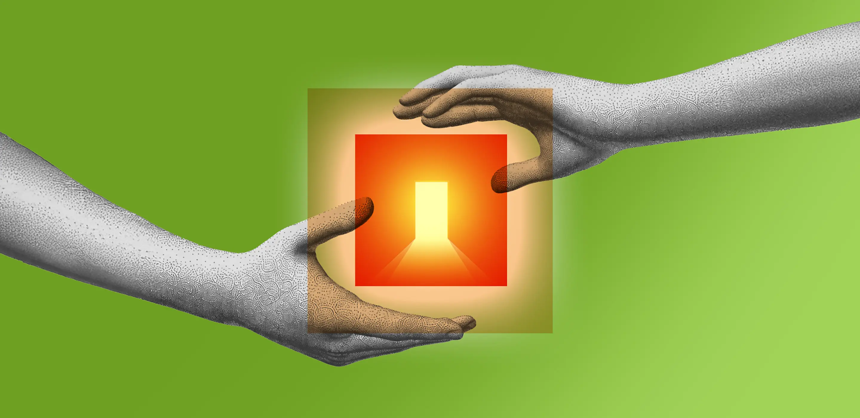Abstract art of two hands holding a glowing doorway on a green background, symbolizing opportunity and connection.