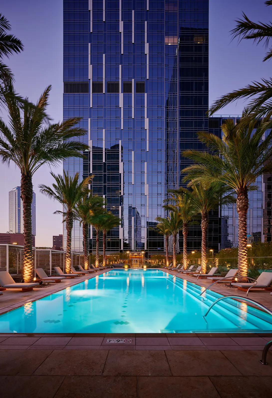 Rooftop pool with palm trees and city skyline at dusk, reflecting in high-rise building's glass facade.