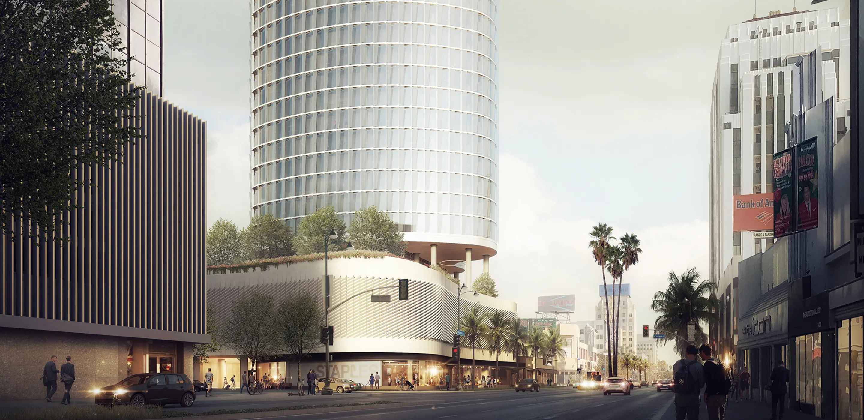 Modern cityscape featuring a glass skyscraper, palm trees, and busy street in urban setting.