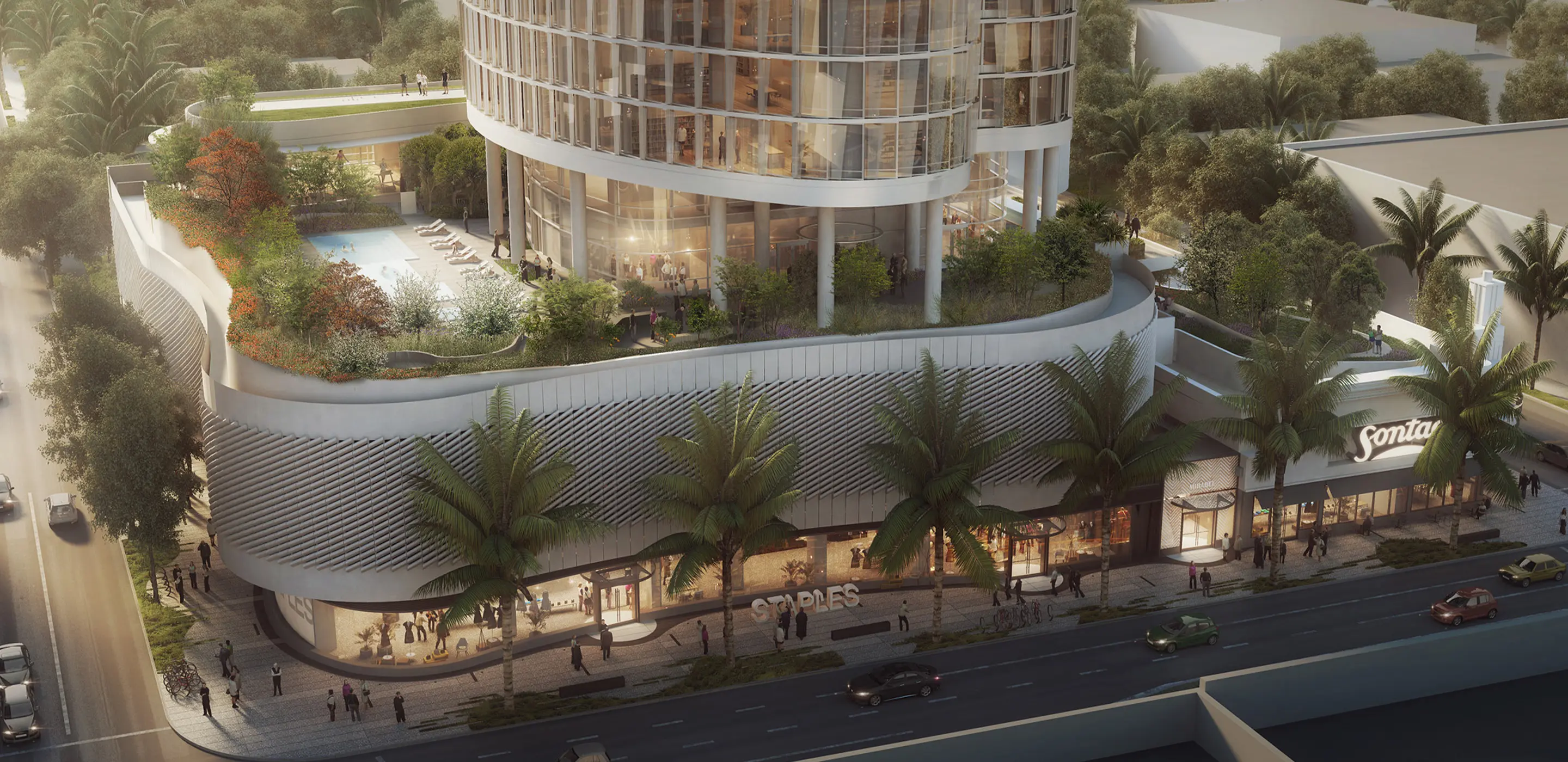 Modern urban building with rooftop greenery, palm trees, and bustling street-level shops in a city setting.