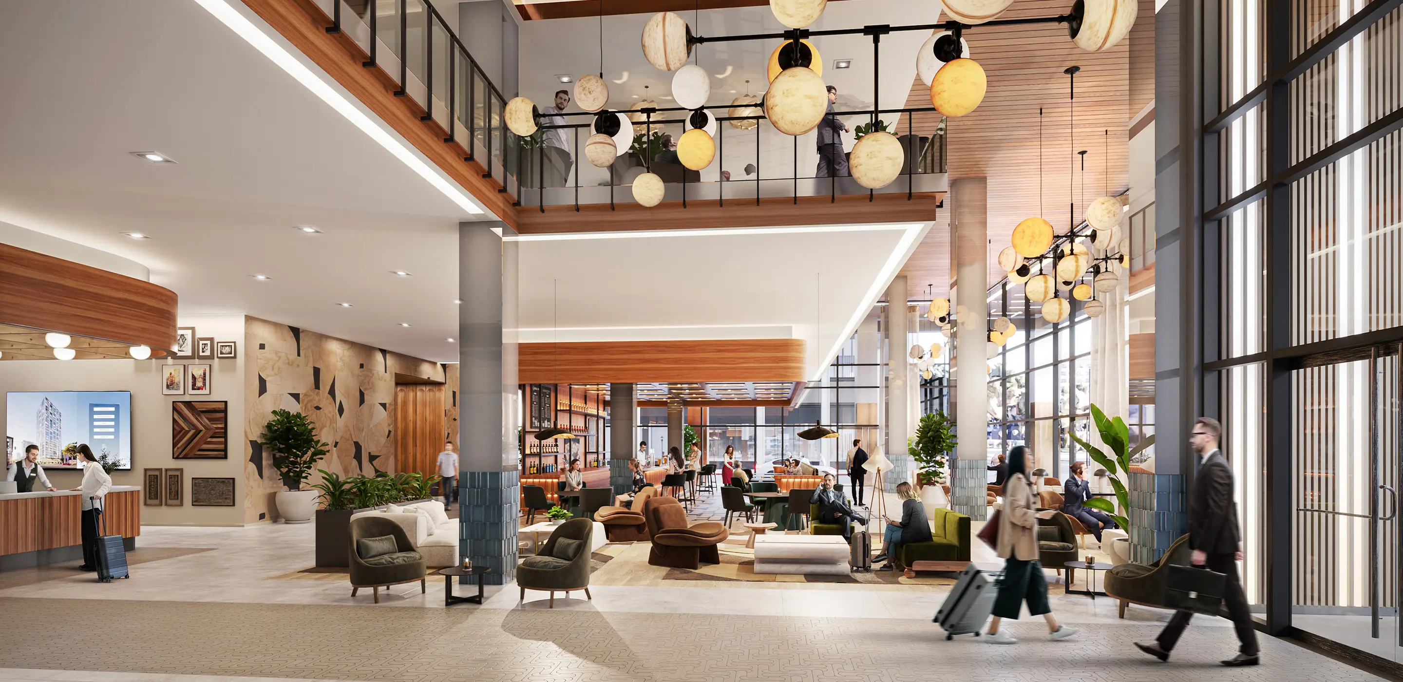 Modern hotel lobby with elegant décor, cozy seating, and guests interacting at the check-in desk.