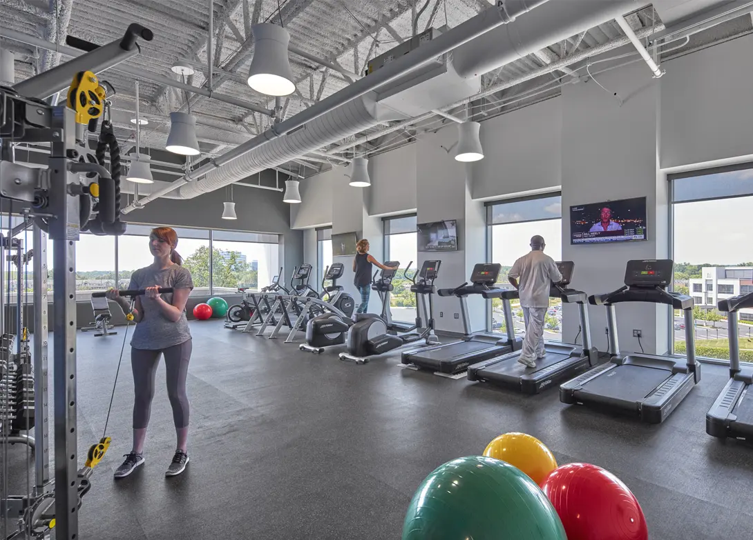 People exercising in a bright, modern gym with treadmills, weight machines, and fitness balls by large windows.
