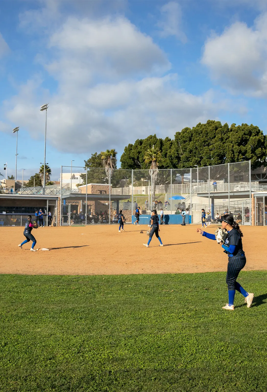 Softball team playing on a sunny day; players in action on the field with blue skies above.