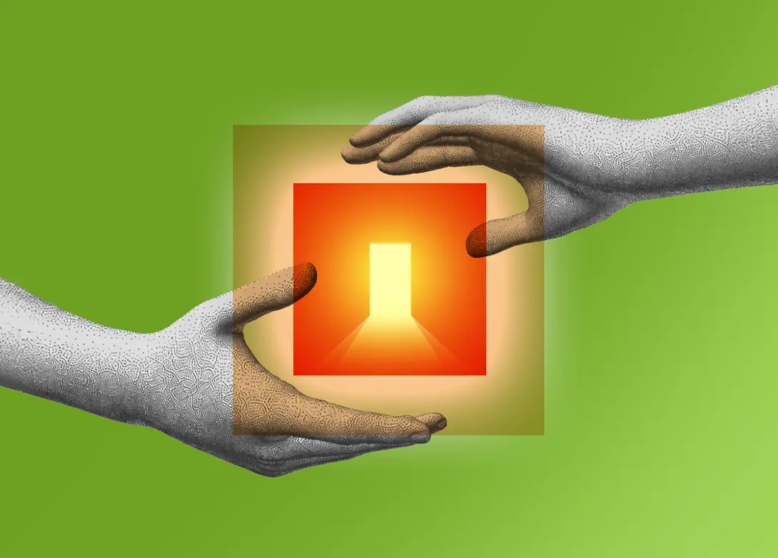 Abstract hands holding a glowing red-orange square on green background, symbolizing creativity and innovation.
