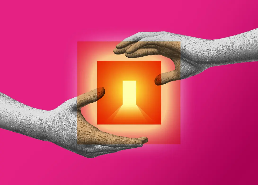 Two hands holding a glowing doorway on vibrant pink background symbolizing opportunity and collaboration.