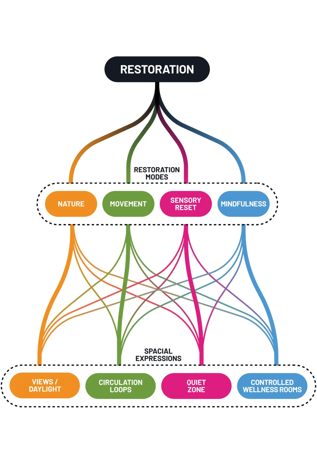 Flowchart illustrating restoration modes: Nature, Movement, Sensory Reset, Mindfulness linked to spatial expressions.