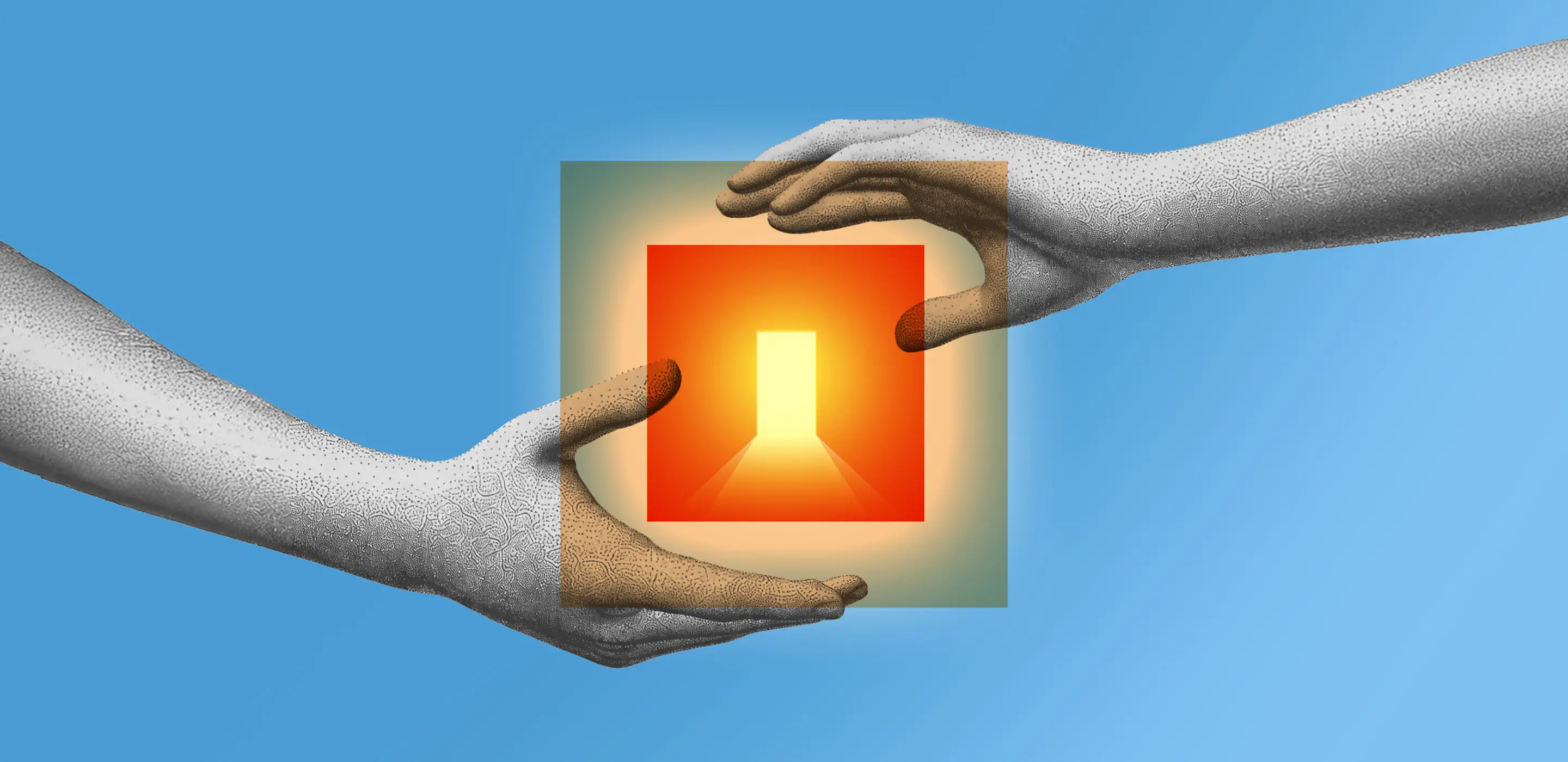 Two hands exchanging a luminous orange rectangle with open door on blue background, symbolizing opportunity and connection.