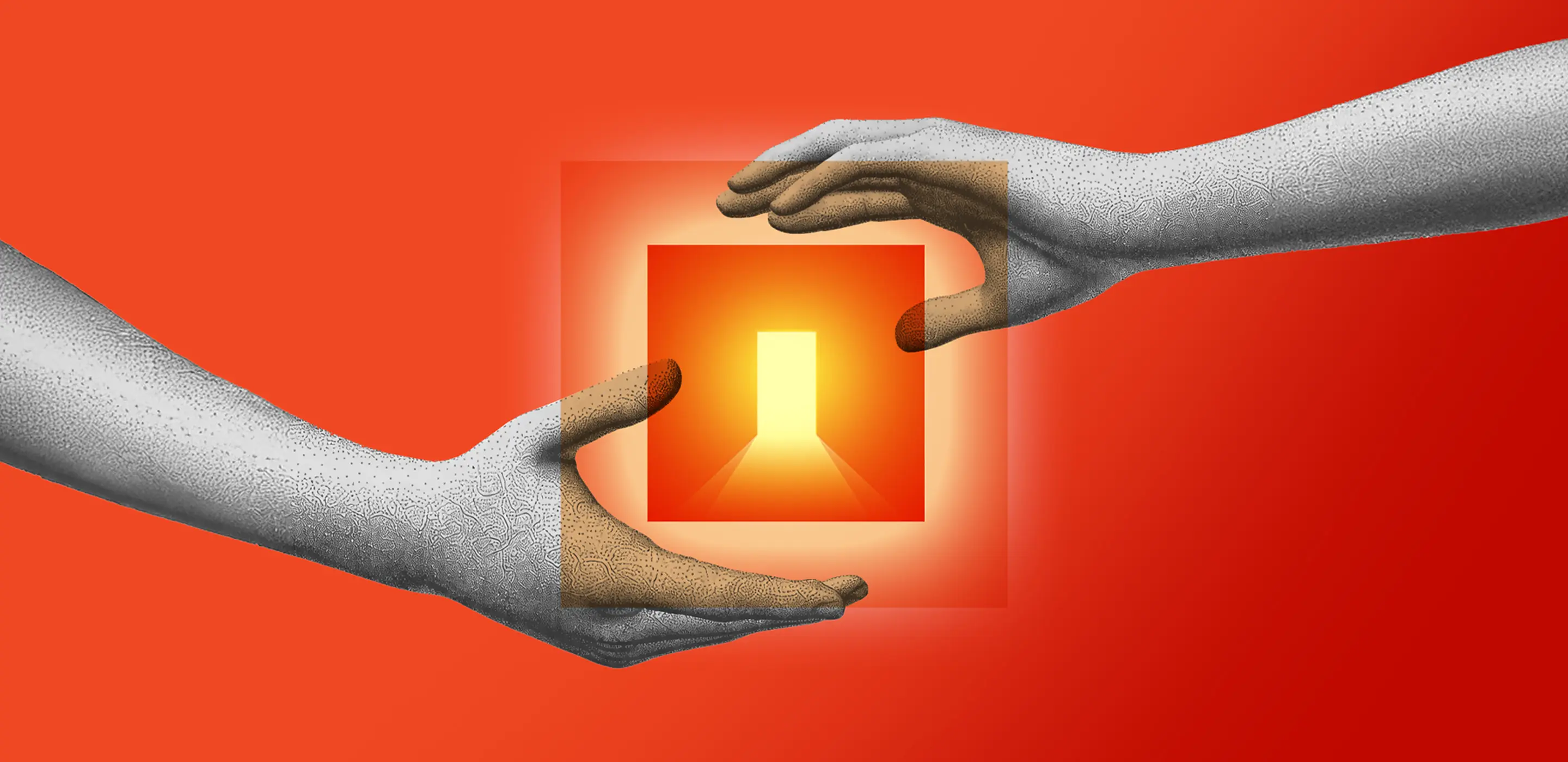 Futuristic hands exchange glowing cube symbolizing creativity, innovation on vibrant orange background.