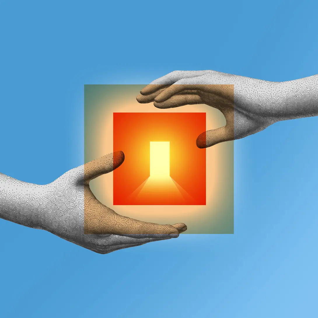 Two hands holding a glowing orange cube with a bright doorway on a blue background, symbolizing opportunity.