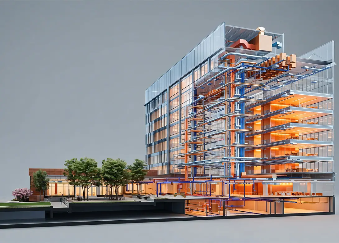 3D architectural model of a modern building, showing detailed interior piping and structural elements.