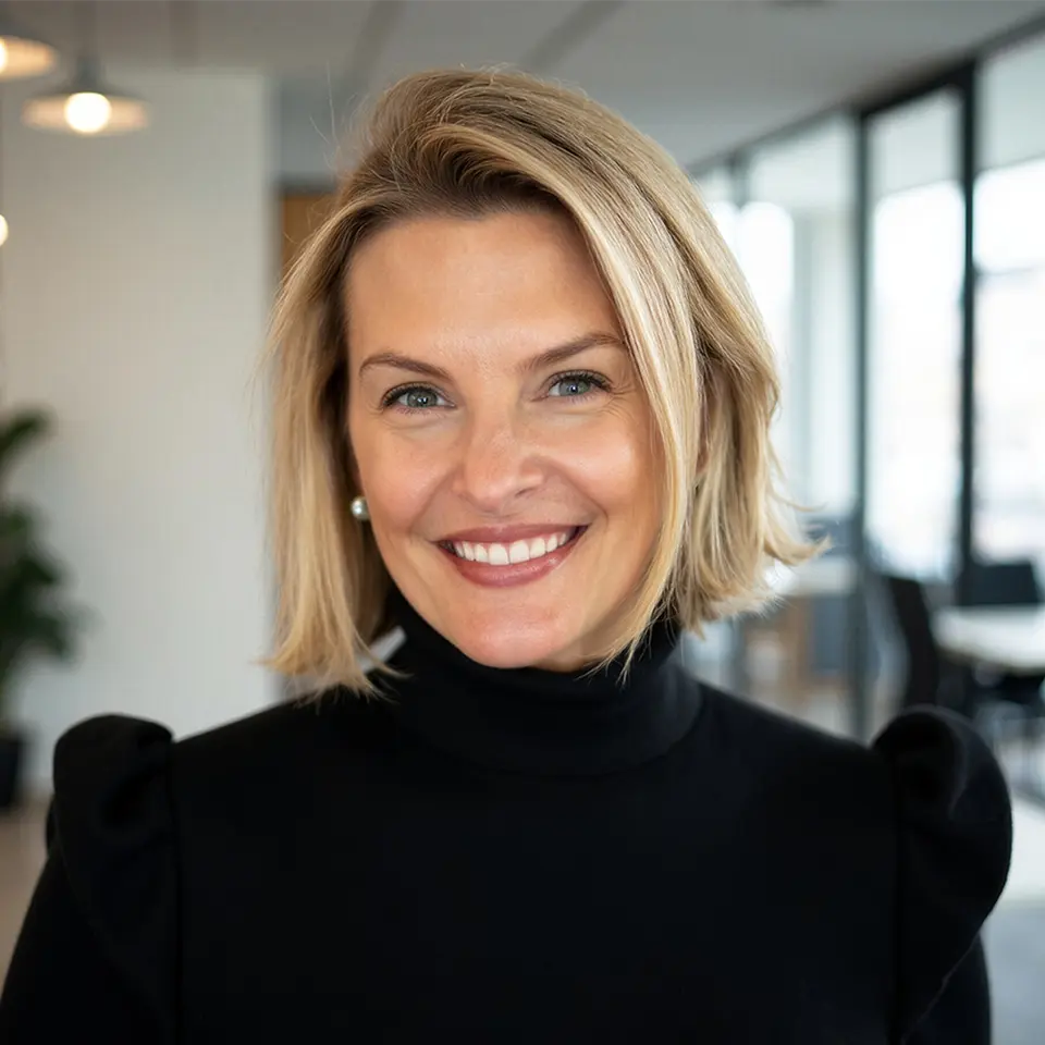 Smiling professional woman in black top, standing in a modern office with bright light and blurred background.