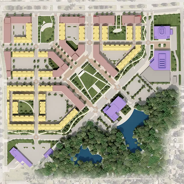 Aerial view of a city block layout with various building colors, surrounded by roads and a forested area with a pond.