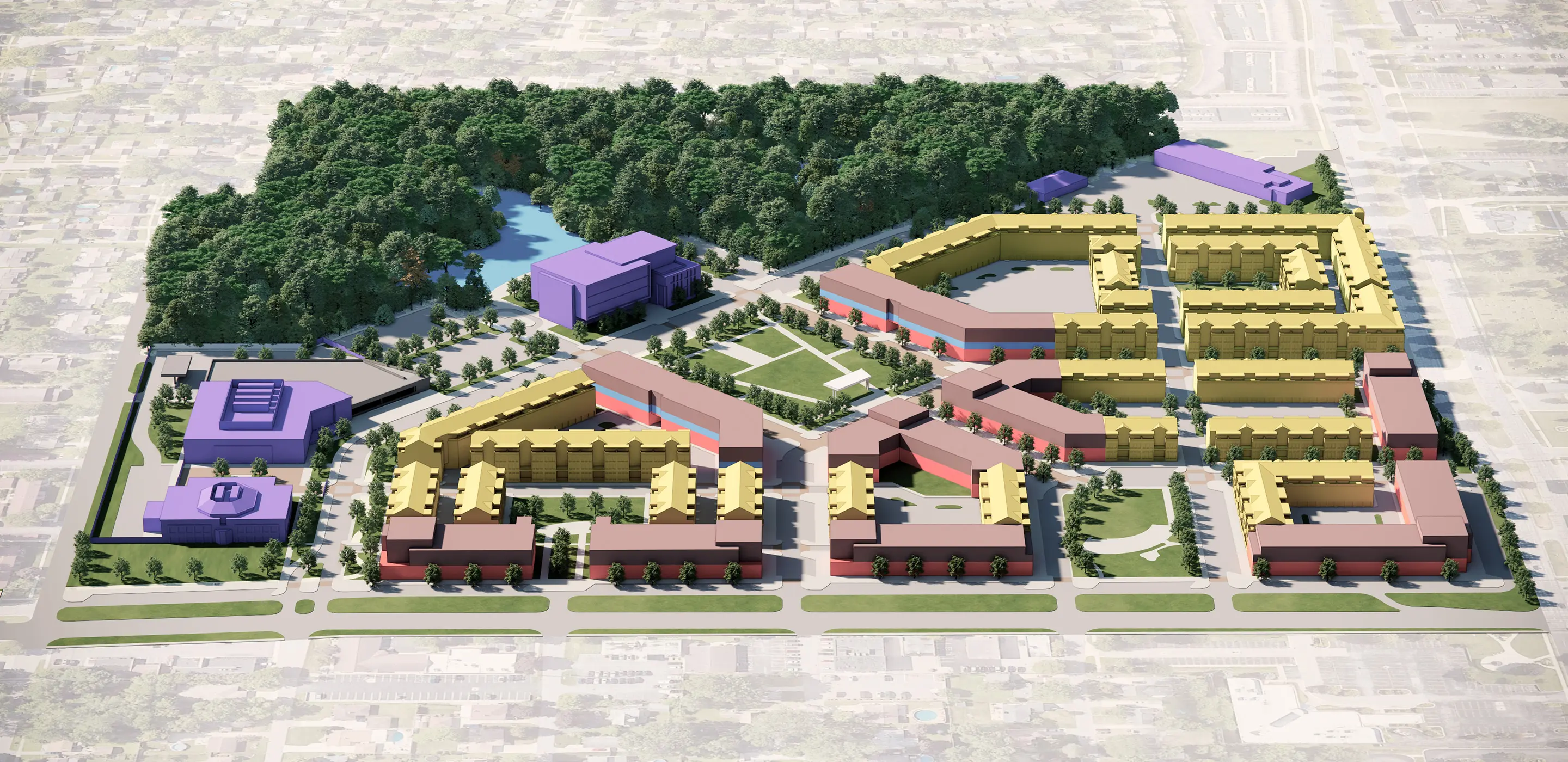 3D architectural model of a residential complex with green space, roads, and nearby forested area.