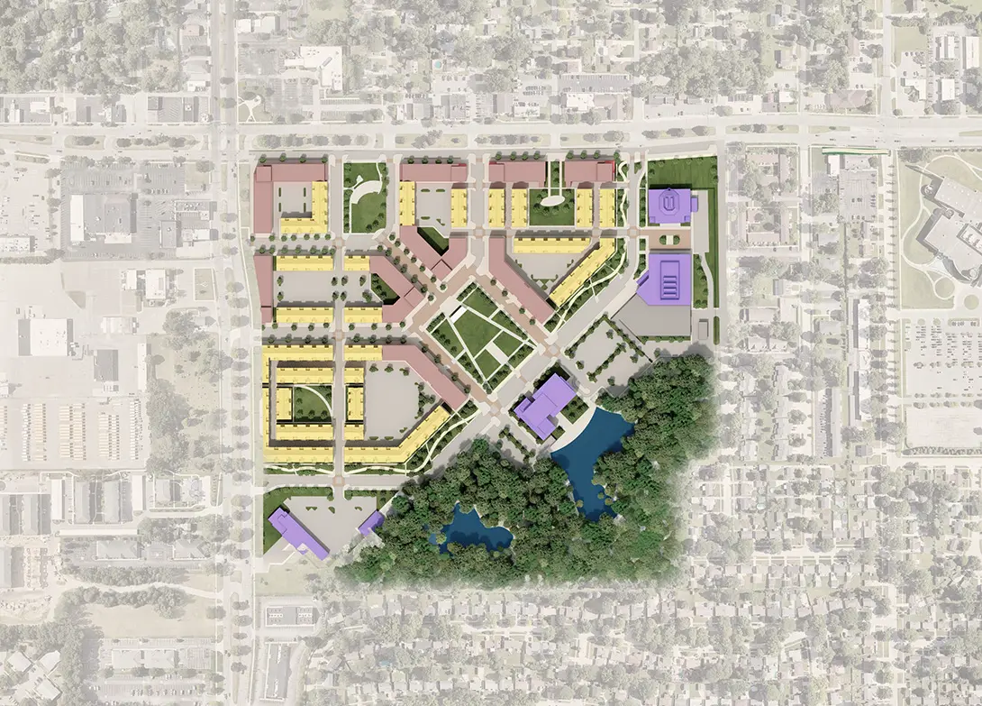 Urban development site plan with buildings, green spaces, and water body, showcasing a balanced community layout.