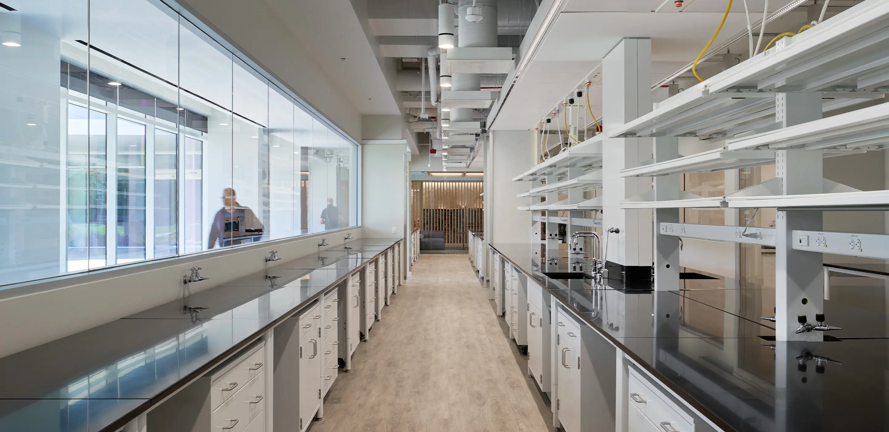 Modern laboratory interior with sleek countertops, ventilation, and ample storage space. Bright and spacious design.
