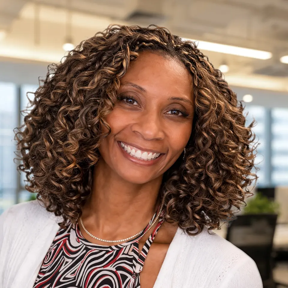 Smiling woman with curly hair in an office setting, wearing patterned top and white cardigan. Bright, professional atmosphere.