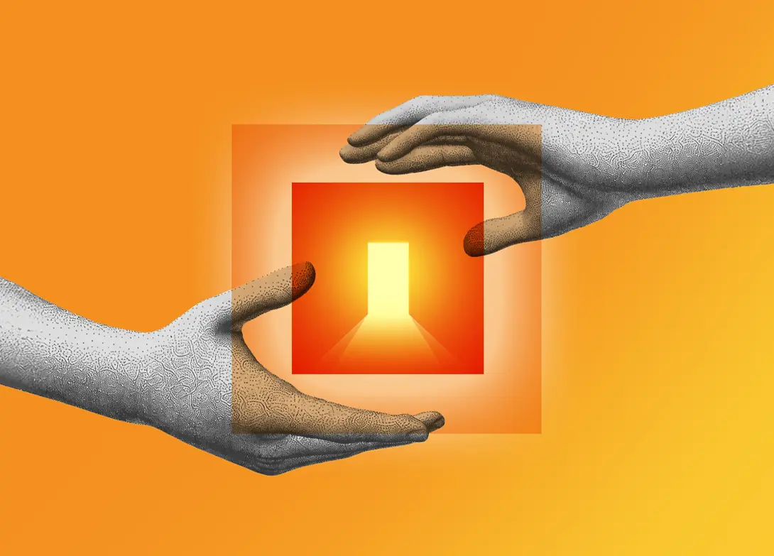 Surreal hands framing a luminous doorway on an orange backdrop, symbolizing creativity and new opportunities.