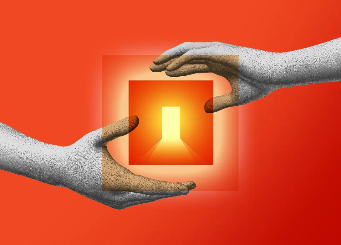 Surreal illustration of hands holding a glowing door within a square on a vibrant orange background.
