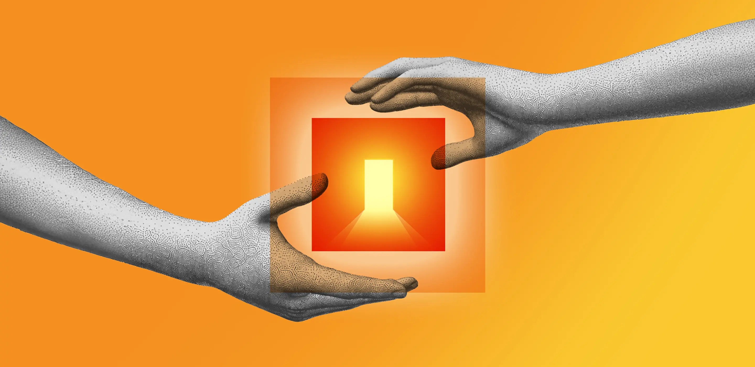 Two hands exchange a glowing red and orange cube with a bright doorway on an orange gradient background.