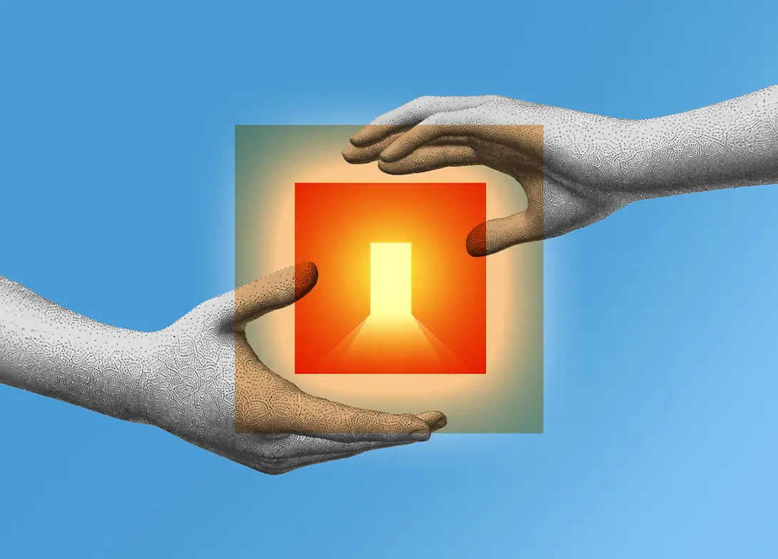 Two hands holding a glowing orange door symbolizing opportunity against a blue background.
