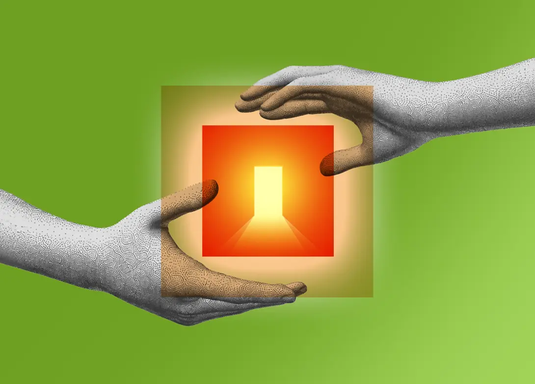 Two hands framing a glowing red square with a doorway inside, set against a green background.