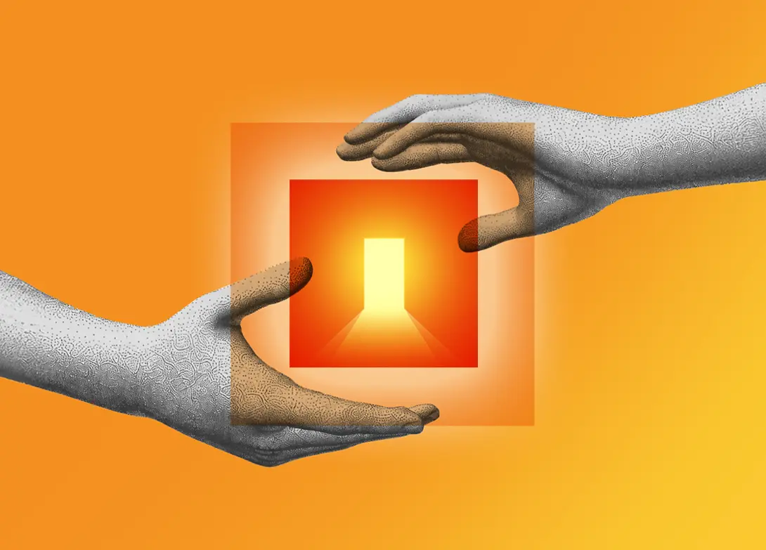 Two hands framing a glowing door in an orange square, symbolizing opportunity and collaboration on an orange background.
